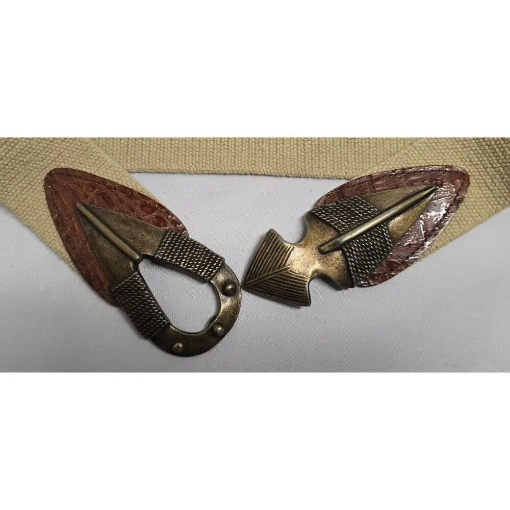 Vintage Omega Canvas Belt With Brass Arrow Buckle Leather Accents Unique Design